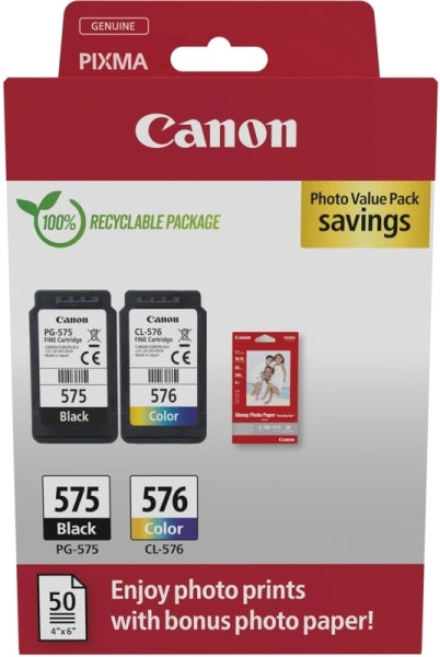Pack Canon PG 575 + CL 576 + 50 hojas de papel foto
