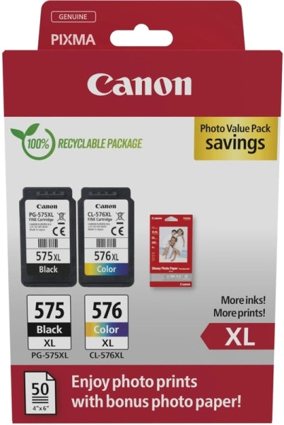 Pack Canon PG 575 XL + CL 576 XL + 50 hojas de papel foto